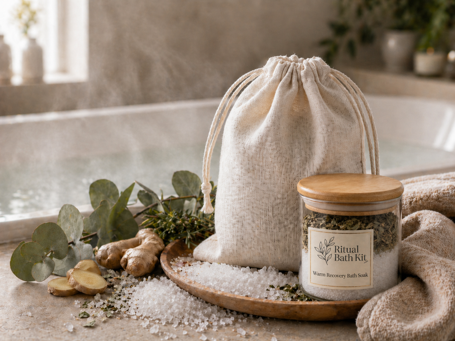Warm Recovery Bath Soak displayed in a labeled glass jar beside a full cotton muslin bag, Epsom salt crystals, ginger, rosemary, and eucalyptus on a stone bathtub ledge.