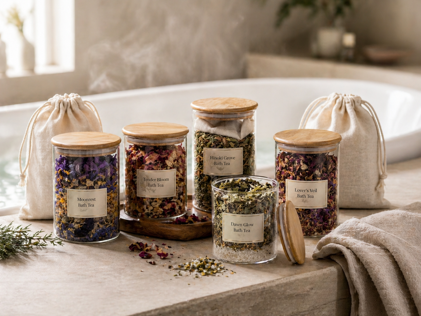 Premium botanical bath collection in glass jars and muslin bags on a stone bathtub ledge, featuring Moonrest, Tender Bloom, Hinoki Grove, Dawn Glow, and Lover’s Veil bath teas beside a softly steaming tub.