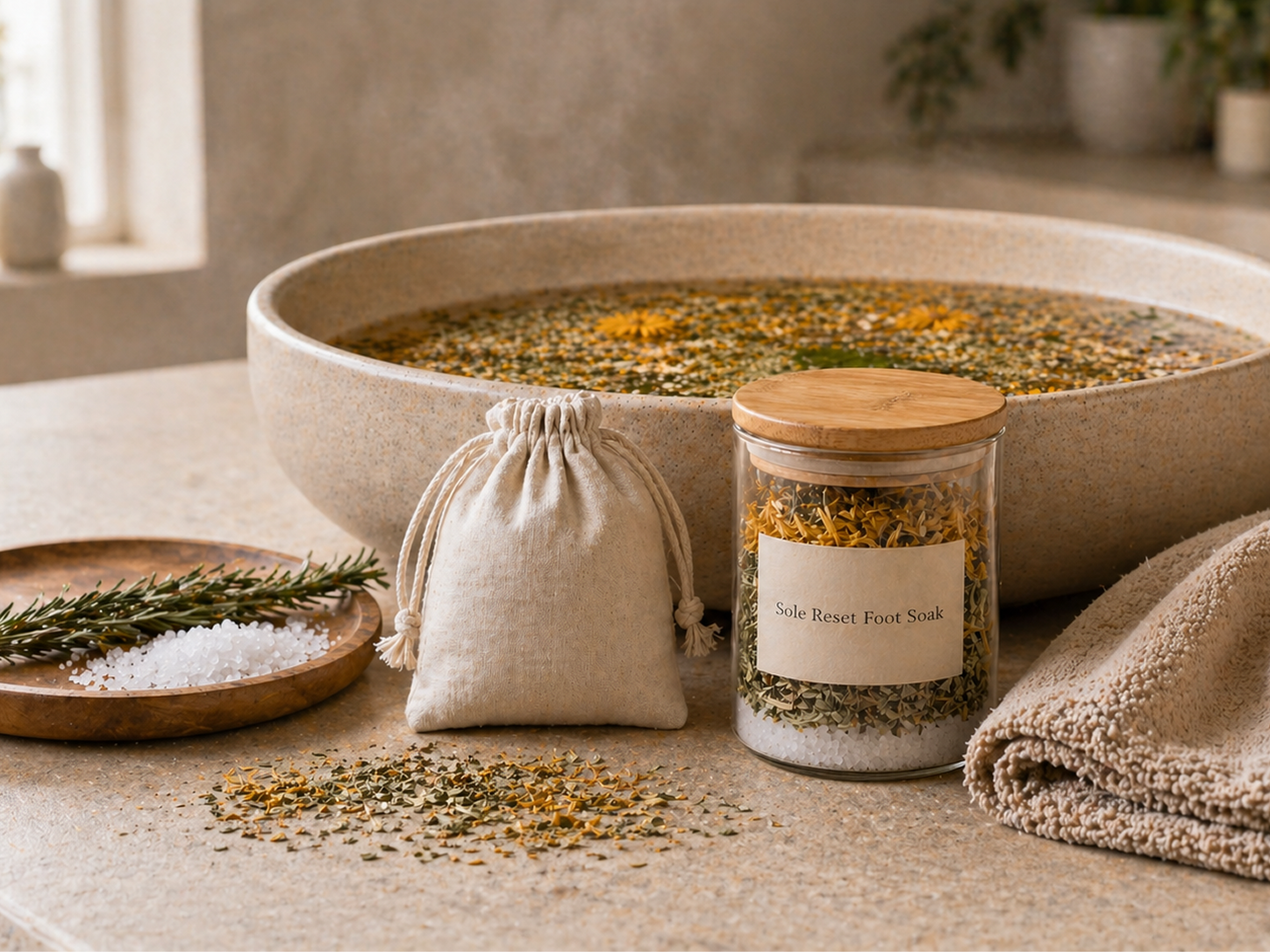 Sole Reset Foot Soak product display with a labeled glass jar, small muslin pouch, Epsom salt, herbs, and a ceramic foot tub filled with botanical soak water.