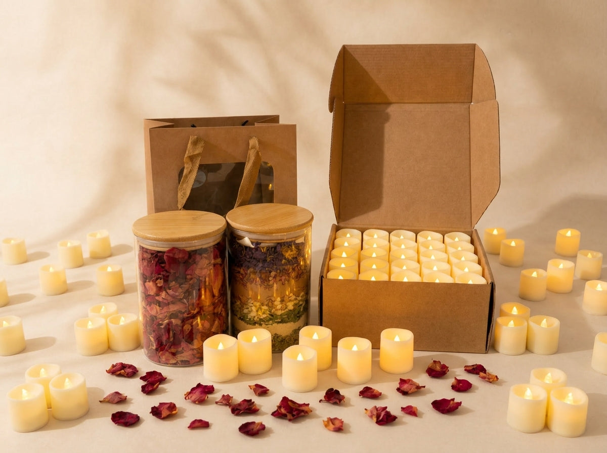 Romance Bath Kit gift set with dried rose petals in glass jars, 100 battery-operated LED candles, and kraft gift packaging on cream background