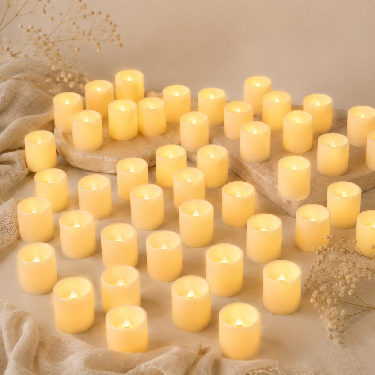  numerous lit candles on a textured surface with dried flowers