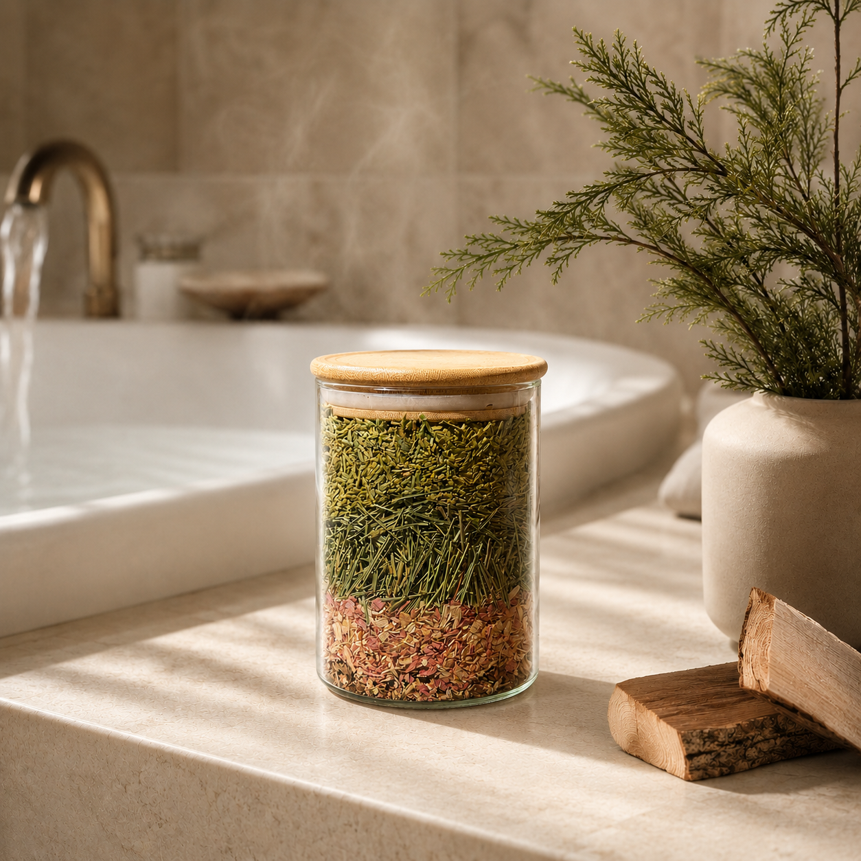 Glass jar with wooden lid on a bathroom counter with a plant and sink in the background