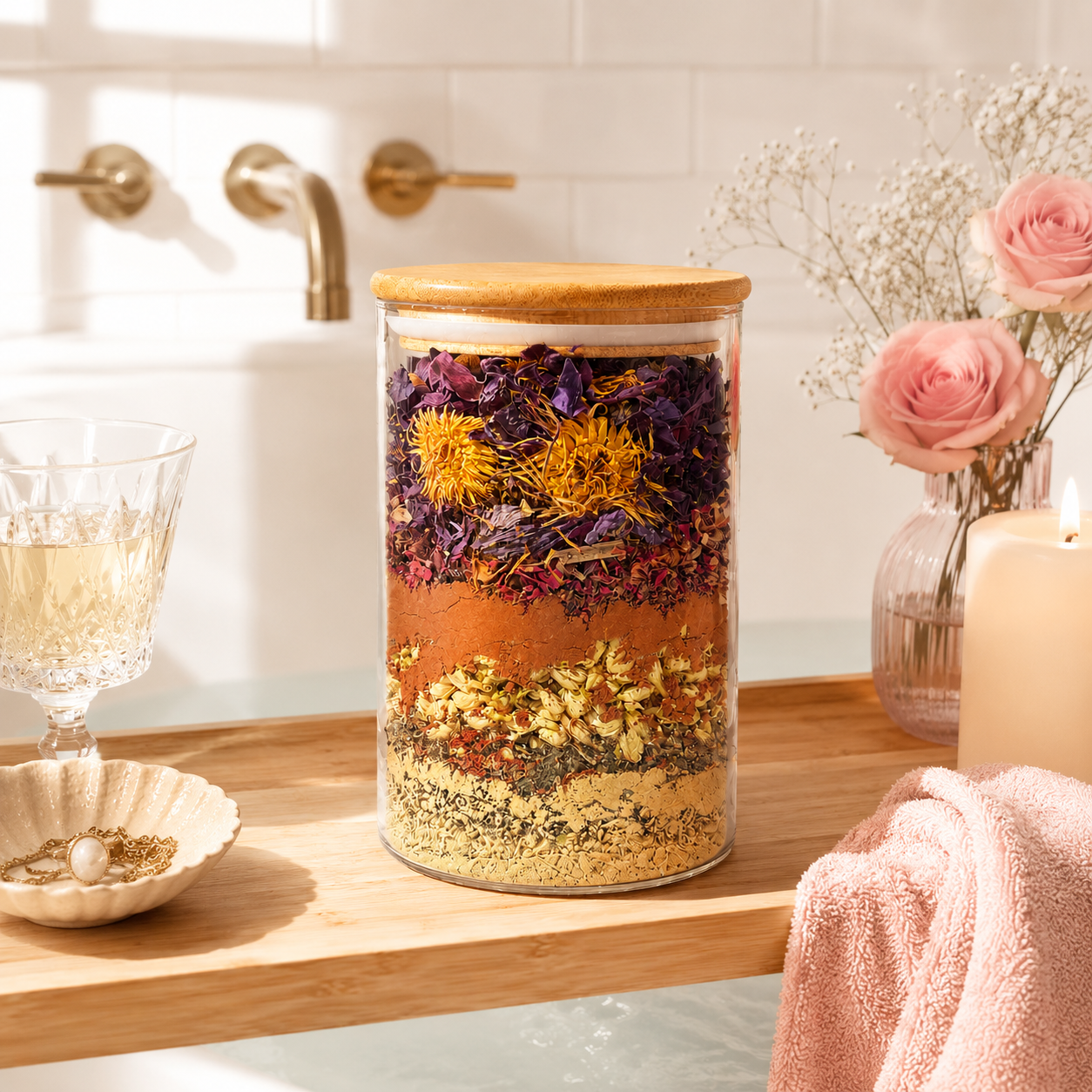 Glass jar with layered dried flowers on a bathroom counter
