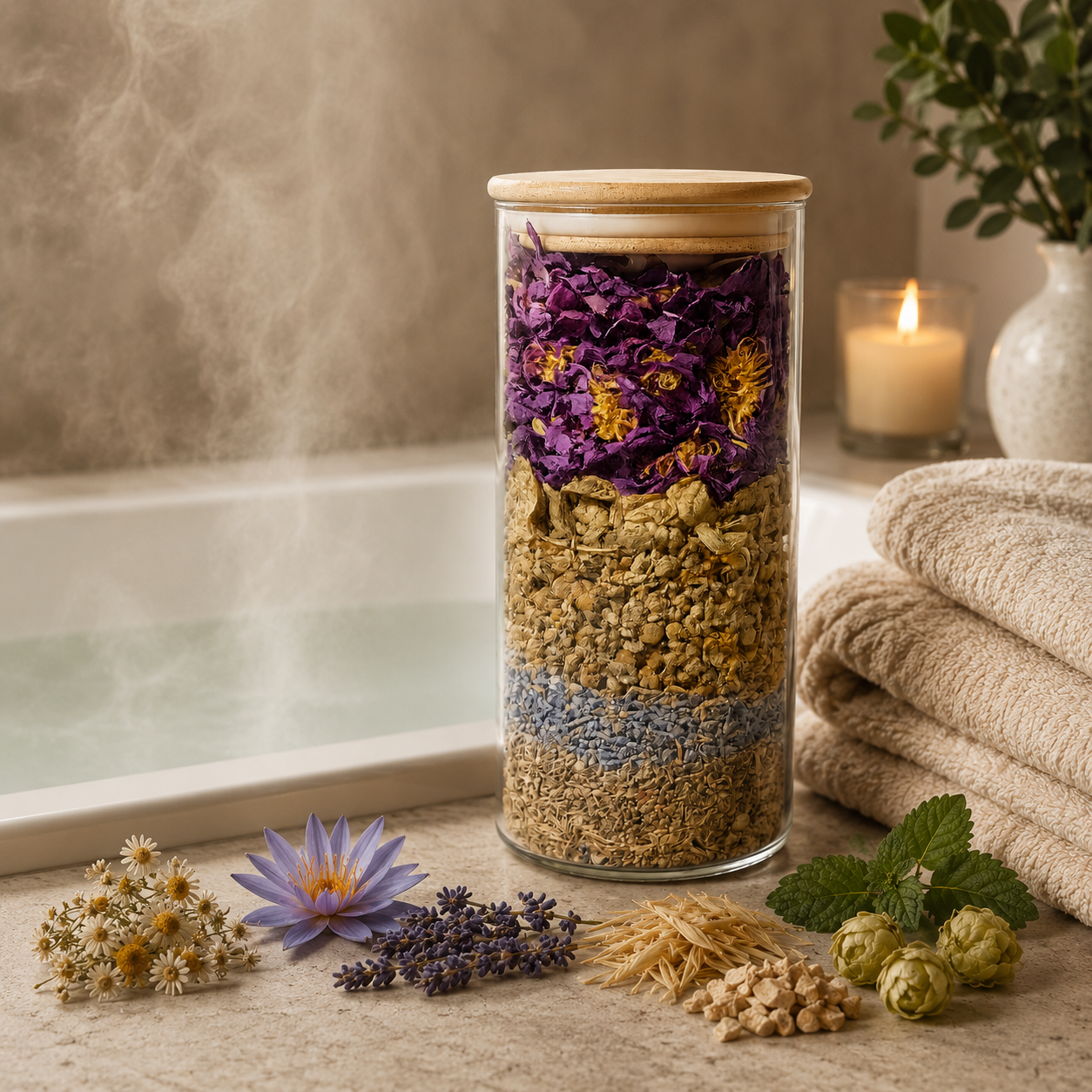 Glass jar with layered herbs and flowers on a spa-like setting with a candle and towels.
