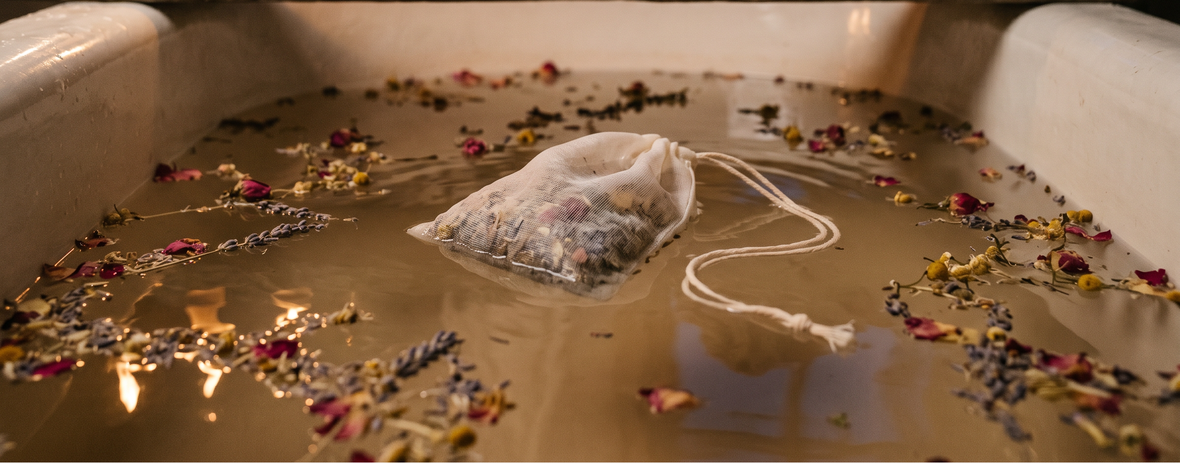 Relaxing bath with candles, flowers, and a tea bag in a dimly lit room.