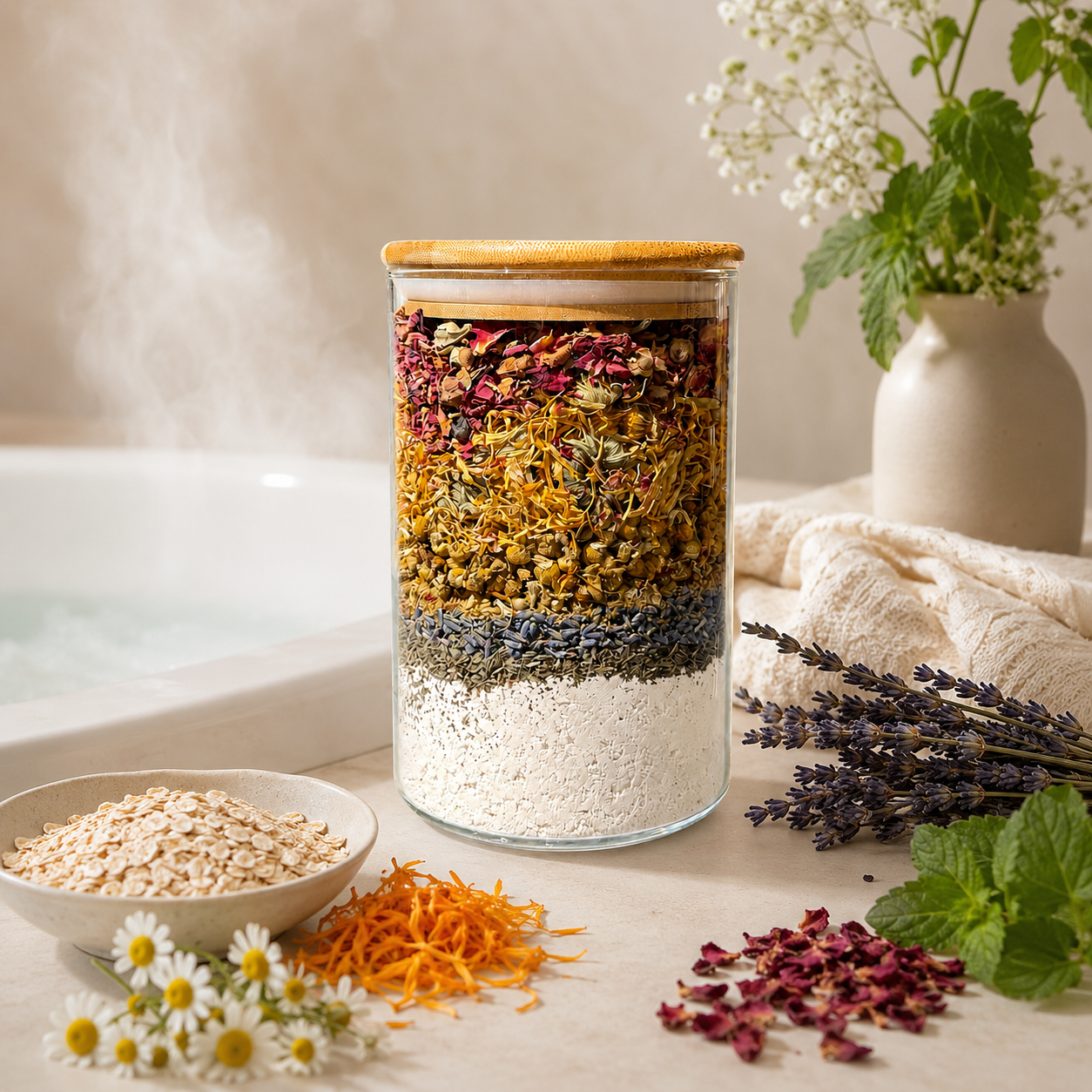 Glass jar with layered dried herbs on a table with a bowl of oats and flowers.