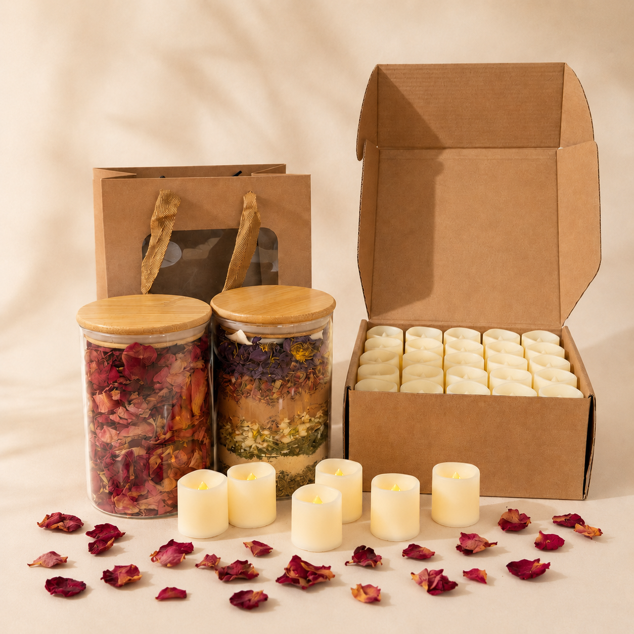 Romantic Ritual Bath Kit with botanical bath tea jars, rose petals, kraft gift packaging, and battery-operated LED candles.