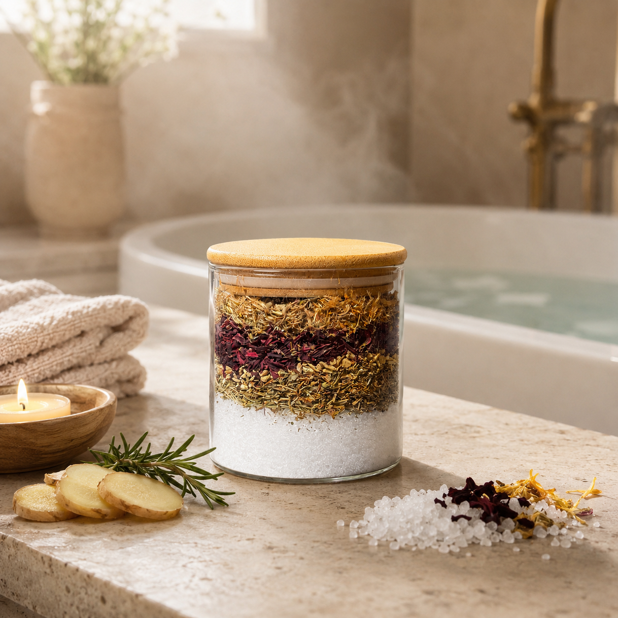 Glass jar with layered herbs and a wooden lid on a bathroom counter with a bathtub in the background.