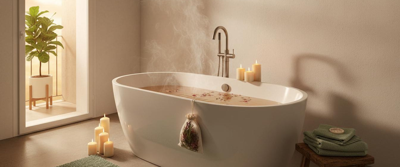 Steamy bathroom with a freestanding bathtub, candles, and a plant.