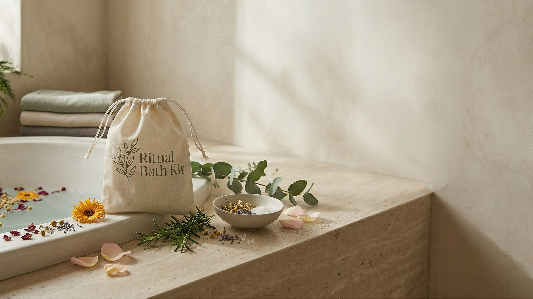 Bath tub with flowers and a 'Ritual Bath' bag in a serene bathroom setting