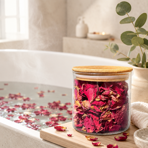 Jar of pink bath salts on a bathtub rim with rose petals